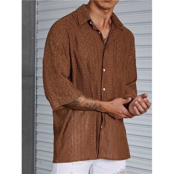 Loose-Fit Men's Solid Color Drop Shoulder Shirt Stylish Top T shirt for Man - Picture 3 of 6